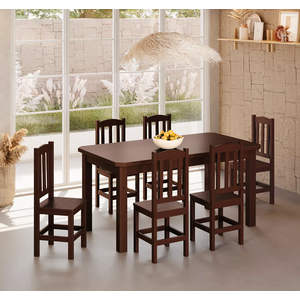 Conjunto Mesa de Madeira Maciça Castanho 160x88+ 6 Cadeiras Sfa