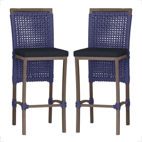 2 Banqueta em Alumínio Roma Marrom Corda Náutica Tecido 12 Azul