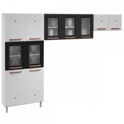 Cozinha De Aço Compacta Mirage New 11 Portas 6 Prateleiras com Vidro Branco/Preto - Telasul