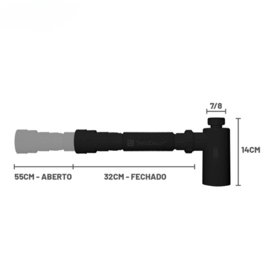 Sifão Sanfonado Extensível Blukit com Copo 48cm Preto Universal - 3