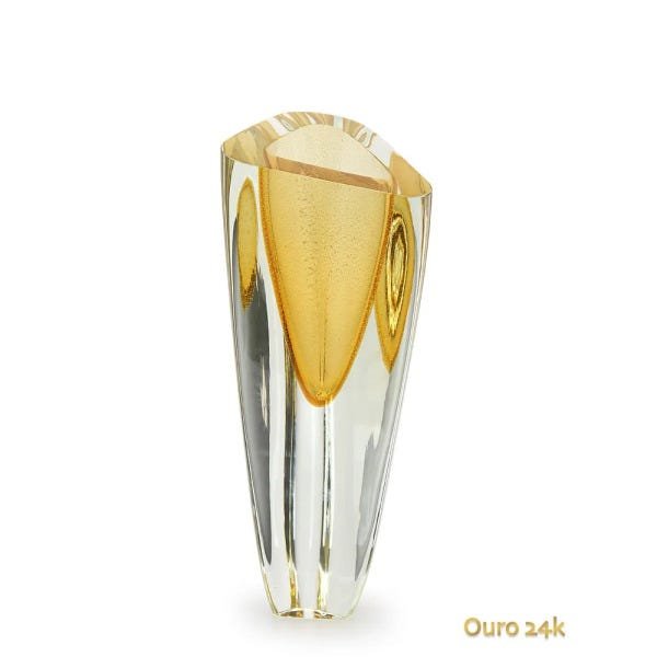 Vaso Triangular nº 2 Âmbar com Ouro Murano Cristais Cadoro - 1