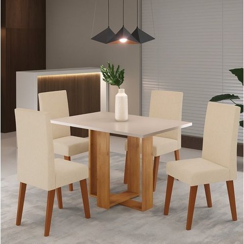 Conjunto Mesa Jantar Viero Miss com 4 Cadeiras Milao Mel / Off White Linho Bronze