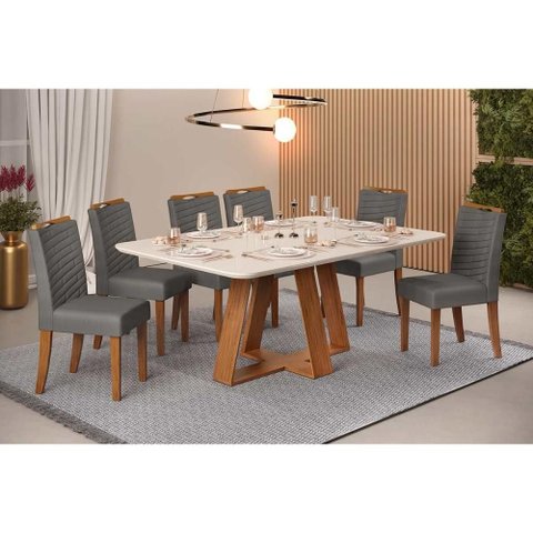 Conjunto: Mesa de Cozinha Celeste c/ Tampo Madeirado c/ Vidro Retangular 160x90cm e 6 Cadeiras Julia
