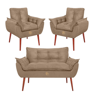 Kit Namoradeira Reforçada + 2 Poltronas Opala Marrom Capuccino Suede Decorativas Sala