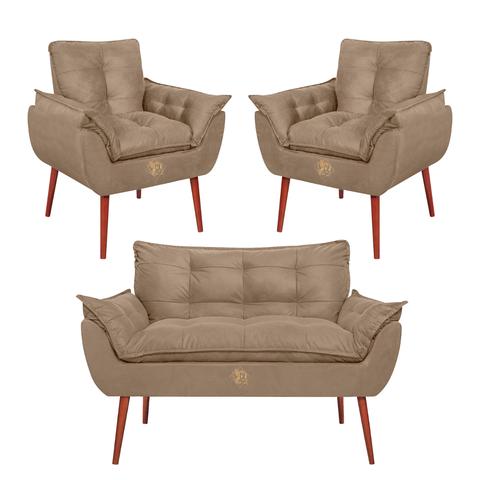 Kit Namoradeira Reforçada + 2 Poltronas Opala Marrom Capuccino Suede Decorativas Sala