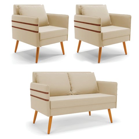 Kit 01 Namoradeira 02 Lugares e 02 Poltronas Mari Suede Bege Pés Palito Castanho - D’Rossi