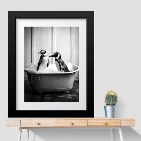 Quadro Grande Banheiro Pinguins- 60x48cm:madeira Branca