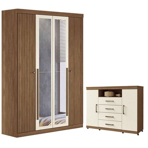 Guarda Roupa Casal com Cômoda Ripado 4 Portas de Bater 2 Gavetas MDF-MDP Jatobá Areia Santos Andir