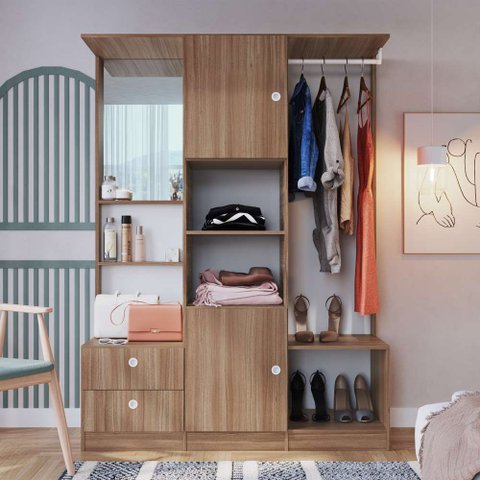 Guarda Roupa Closet Solteiro com Espelho 2 Portas 2 Gavetas 4 Prateleiras Montana