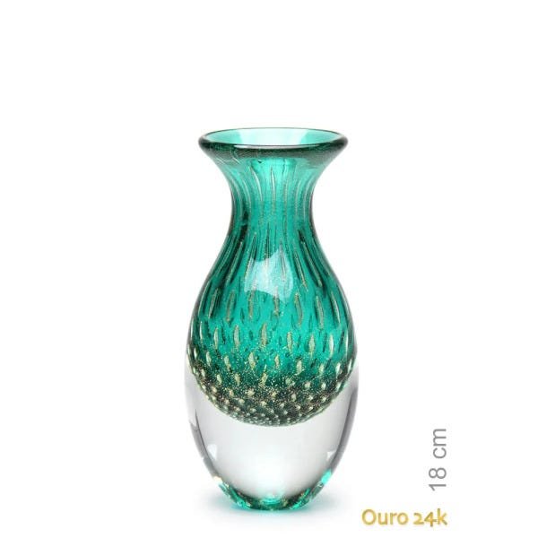 Vaso Mini Alto Tela Verde com Ouro Murano Cristais Cadoro - 1