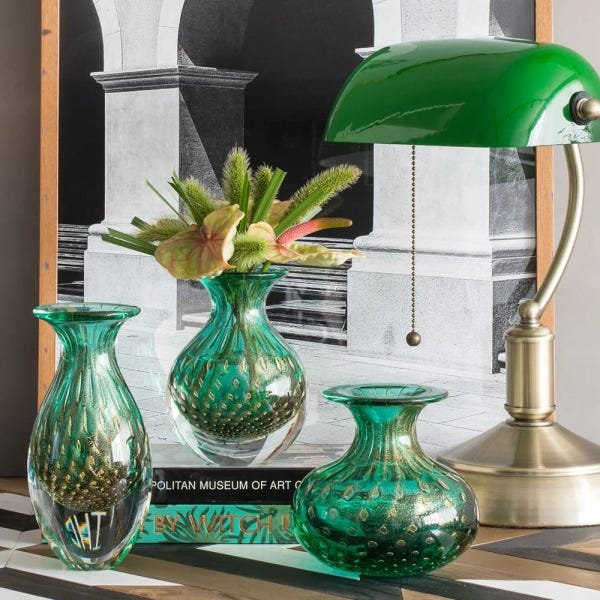 Vaso Mini Alto Tela Verde com Ouro Murano Cristais Cadoro - 2