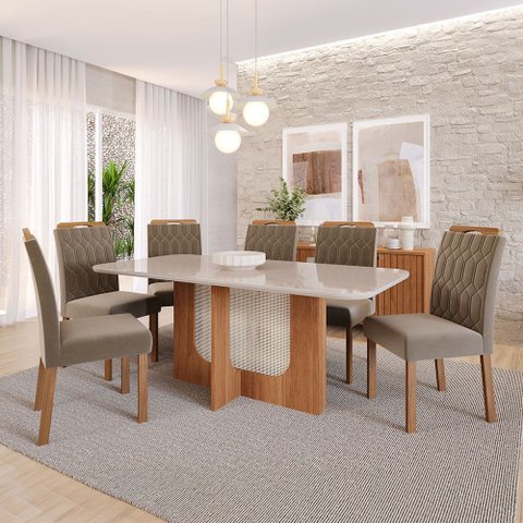 Conjunto de Sala de Jantar 6 Cadeiras de Madeira Daniele com Tampo de Vidro Cinamomo/Off White com S