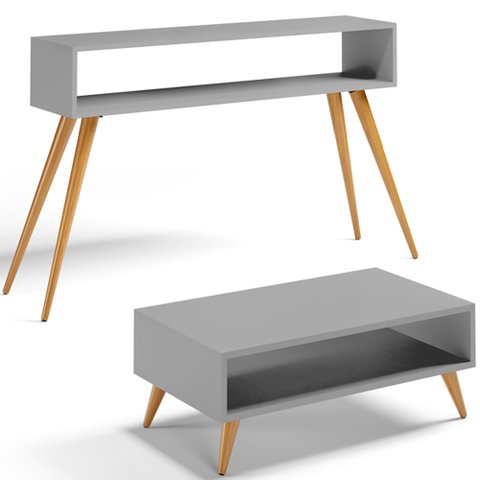 Kit Aparador com Mesa de Centro Mônaco Pés Palito L03 Cinza - Lyam Decor Mônaco & Cannes