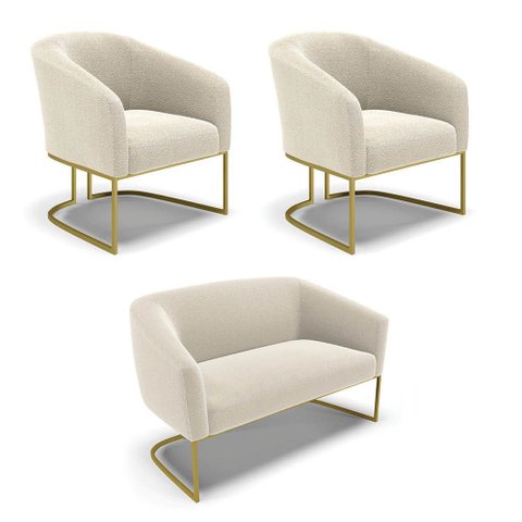 Namoradeira e 2 Poltronas Industrial Dourado Stella Bouclê D03 - D’Rossi