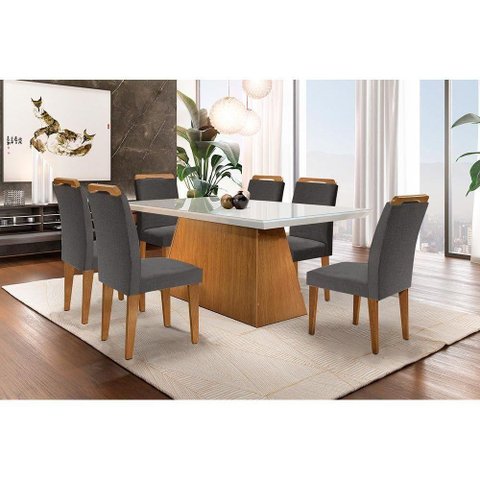 Conjunto: Mesa Sala Jantar Luna C/ Tampo Madeirado C/ Vidro Canto Reto 180cm + 6 Cadeiras Athenas