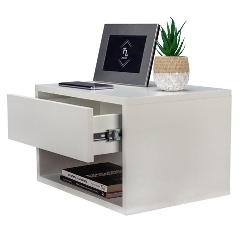 Mesa de Cabeceira Criado Branco 40cm Estilo Suspensa Com Gaveta Superior  e Nicho Para Quarto