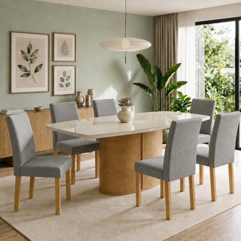 Conjunto Sala de Jantar 6 Lugares Retangular Tampo Vidro MDF 180x90cm Mesa Diana e Cadeiras Espanha