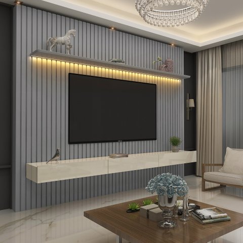 Home para TV Ripado com LED Nobre 230 Cinza Off White - Gelius