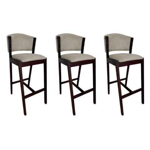 Kit 3 Banquetas Altas de Madeira Maciça Ana em Linho Premium Bege Linho Castanho