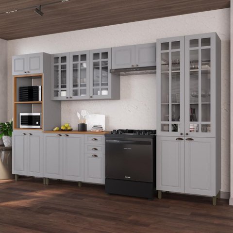Armário de Cozinha Modulada Completa Fidelitá Nara 100% MDF 5 Peças 350cm 16 Portas 2 Gavetas com
