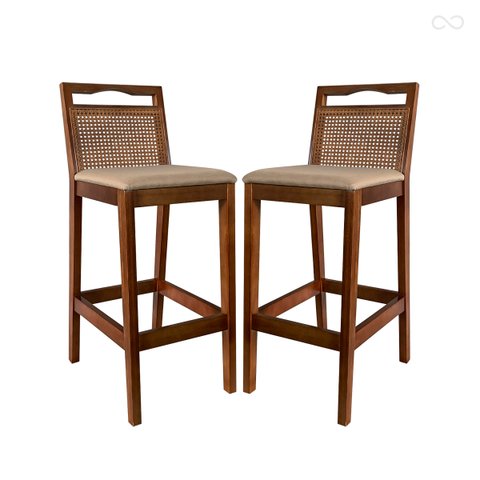 Kit 2 Banquetas para Bancada Alta de Madeira Estofada Valência Rattan Castanho Linho Bege Ccs