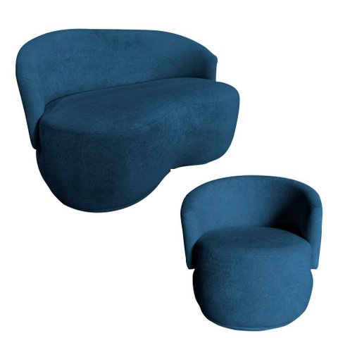 Kit Namoradeira + Poltrona Decorativa Beatriz Orgânica Bouclé Azul Marinho