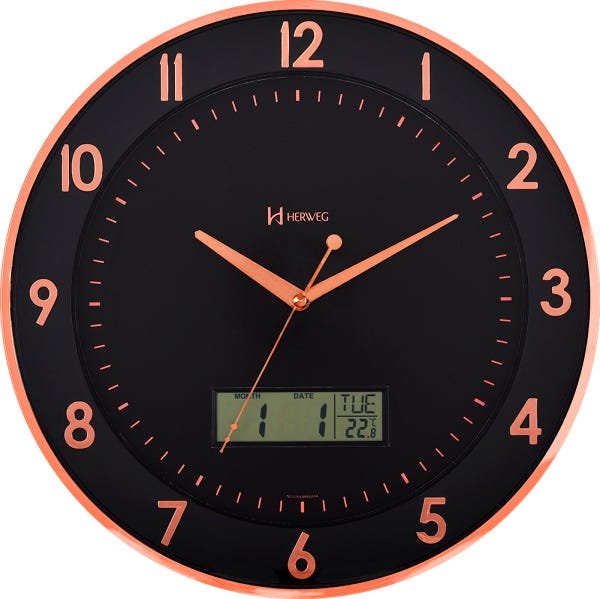 Relógio Parede 35cm Termômetro Calendário Preto Herweg 6819