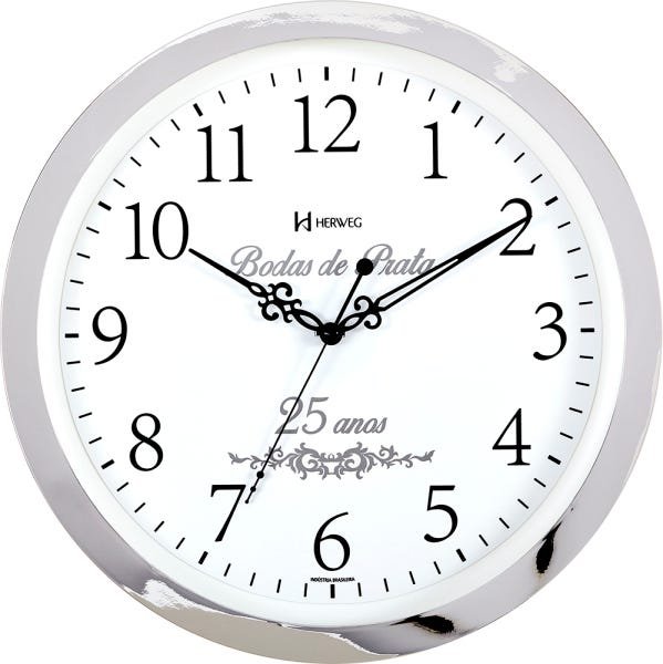 Relógio Parede 35cm Cromado Bodas De Prata Herweg 6816 - 1