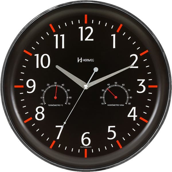 Relógio Parede 35cm Preto Termômetro Higrômetro Herweg 6812 - 2