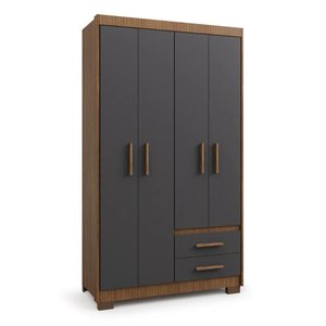 Guarda Roupa Roupeiro Solteiro 4 Portas 2 Gavetas Marrom com Preto Armário para Quarto Multiuso Pry