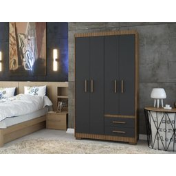 Guarda Roupa Roupeiro Solteiro 4 Portas 2 Gavetas Marrom com Preto Armário para Quarto Multiuso Pry - 3