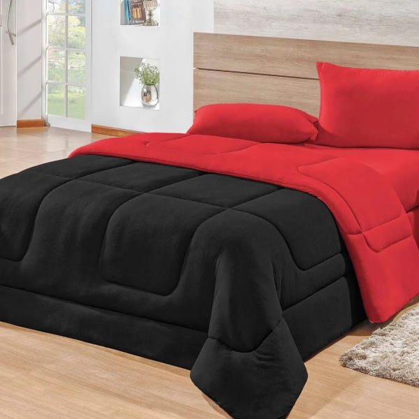 Edredom Basic Preto/Vermelho Solteiro Dupla Face - Malha 100% Algodão - 1