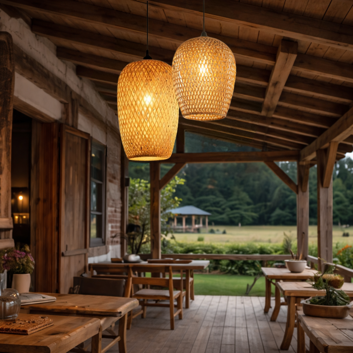 Ver imagem 4 de Kit 2 Luminárias Teto 37cm 28cm Bambu Natural Artesanal Lustre Pendente Gimpo Kb2