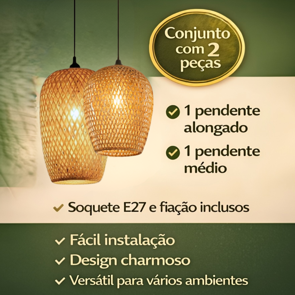 Ver imagem 5 de Kit 2 Luminárias Teto 37cm 28cm Bambu Natural Artesanal Lustre Pendente Gimpo Kb2