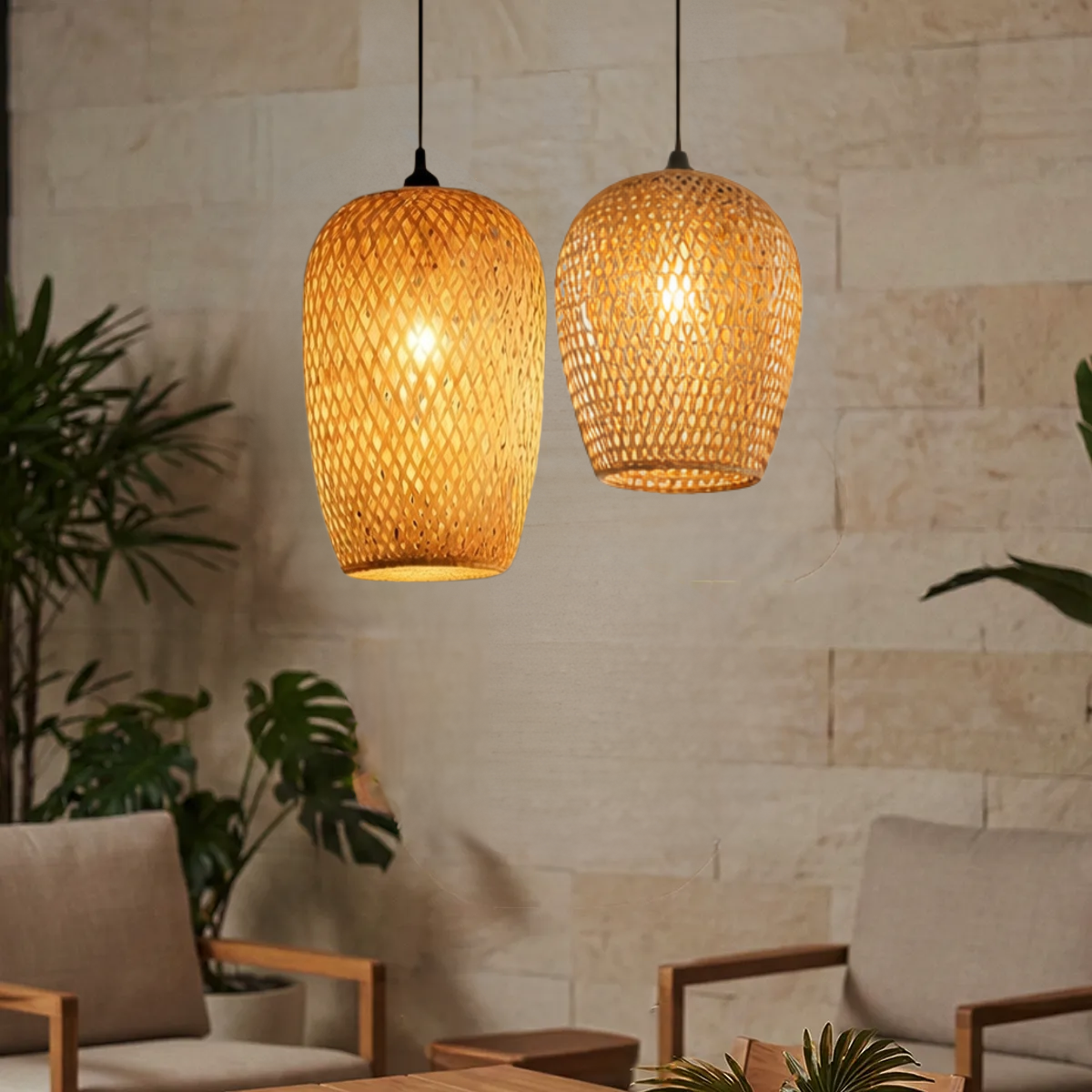 Kit 2 Luminárias Teto 37cm 28cm Bambu Natural Artesanal Lustre Pendente Gimpo Kb2 - 12