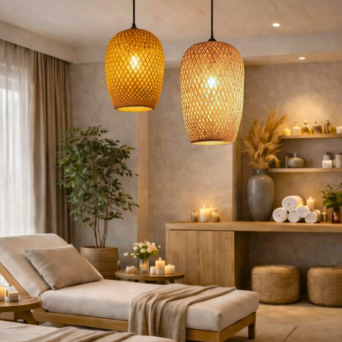 Ver imagem 3 de Kit 2 Luminárias Teto 37cm 28cm Bambu Natural Artesanal Lustre Pendente Gimpo Kb2