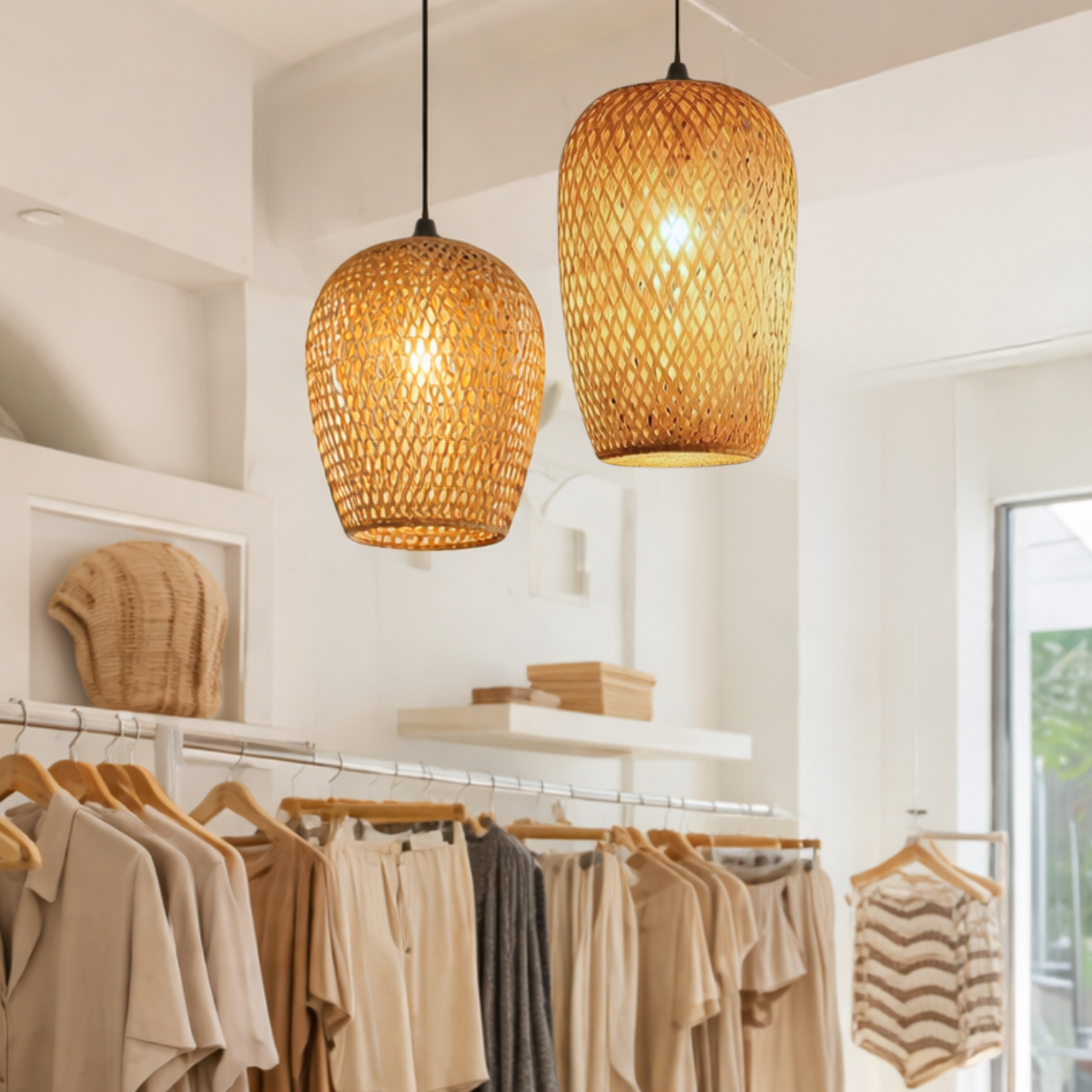 Kit 2 Luminárias Teto 37cm 28cm Bambu Natural Artesanal Lustre Pendente Gimpo Kb2