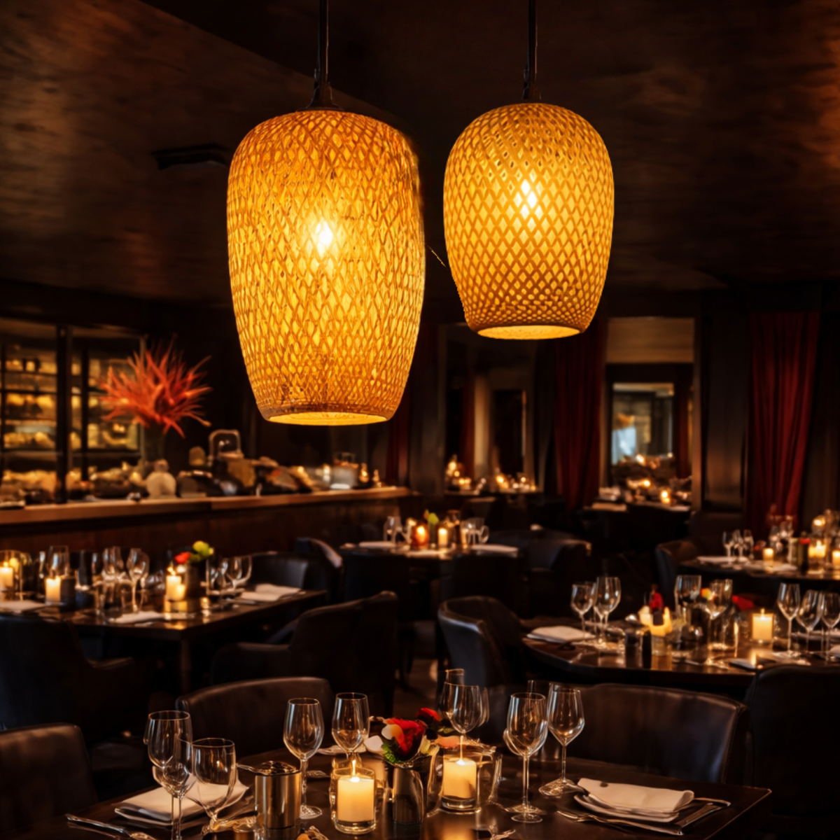 Ver imagem 2 de Kit 2 Luminárias Teto 37cm 28cm Bambu Natural Artesanal Lustre Pendente Gimpo Kb2