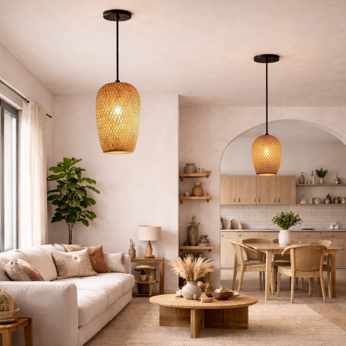 Kit 2 Luminárias Teto 37cm 28cm Bambu Natural Artesanal Lustre Pendente Gimpo Kb2 - 8