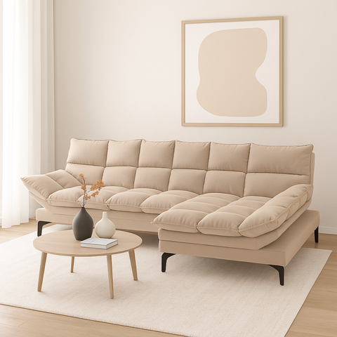 Sofá de Canto com Chaise Luxor Tecido Veludo Luxor Bege