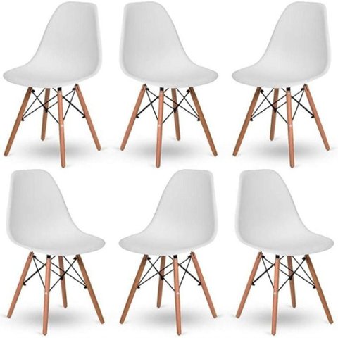 Conjunto com 6 Cadeiras Eiffel Brancas – Design Moderno com Base de Madeira Pé Palito