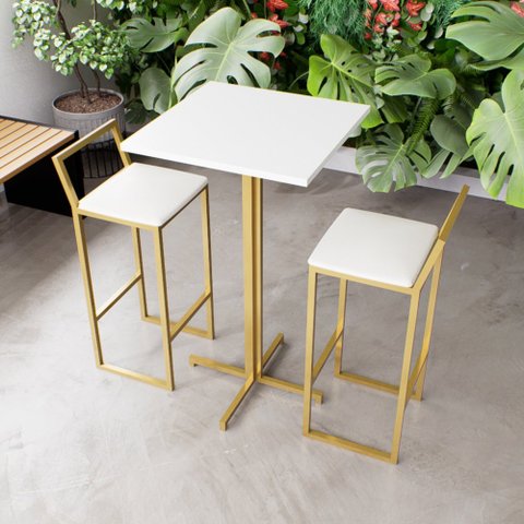 Jogo Mesa Alta Bistrô Quadrada Branca 2 Banqueta Confort Estofado Dourado Don Castro Deco