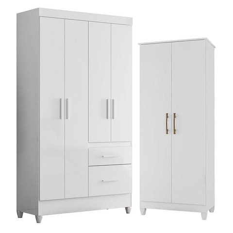 Guarda Roupa Solteiro Madri e Armário Multiuso Jade Branco Brilho – Moval