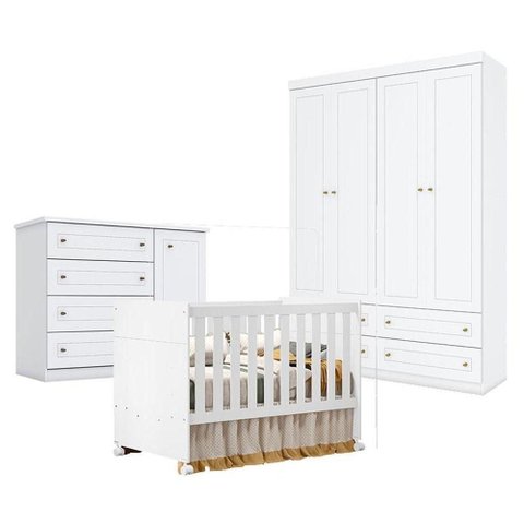 Quarto de Bebê Americano 4 Portas com Berço Americano Katatau Branco Acetinado - Reller - Henn