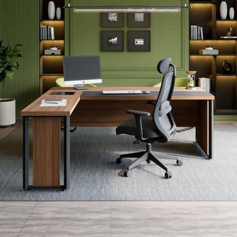 Mesa Executiva em L Diretor F5 Office Moderno sem Gavetas Nogal com Preto