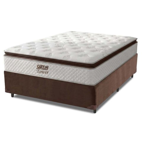 Cama Box Baú Casal Colchão Molas Pocket Ensacadas Tower 138x188x75cm Branco / Marrom Gazin