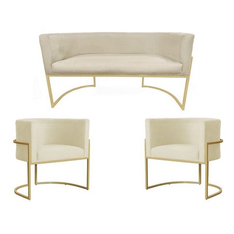 Kit Namoradeira + 2 Poltronas Decorativa Luana Suede Marfim Base Dourarada Ms Decor