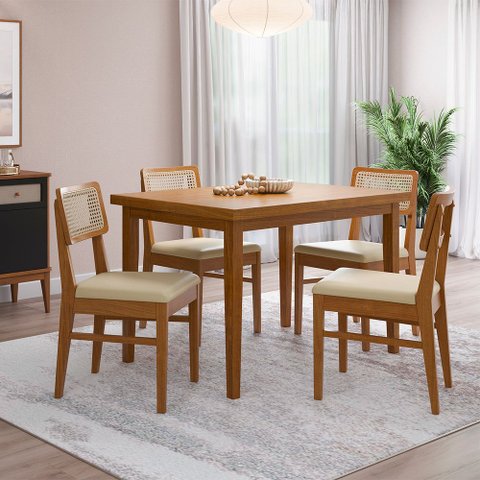 Conjunto Sala de Jantar com Mesa e 4 Cadeiras Madeira Maciça Viena Amêndoa