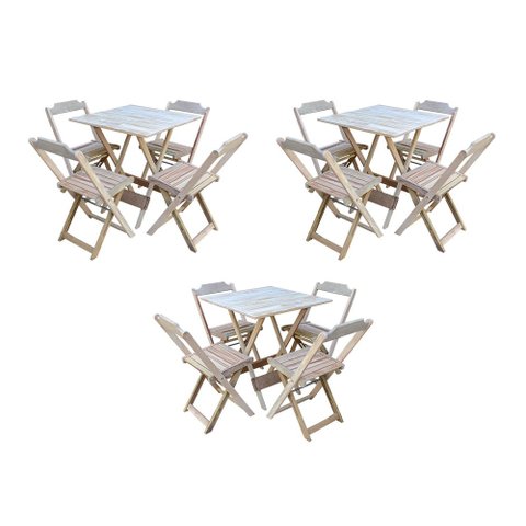 Kit 3 Jogos de Mesa Dobravel com 4 Cadeiras de Madeira 70x70 para Restaurante e Bar - sem Pintura