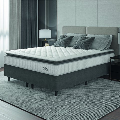 Cama Box Colchão Casal Queen Molas Ensacadas City Pillow Top 158x188x61cm Hellen Branco / Cinza - Su